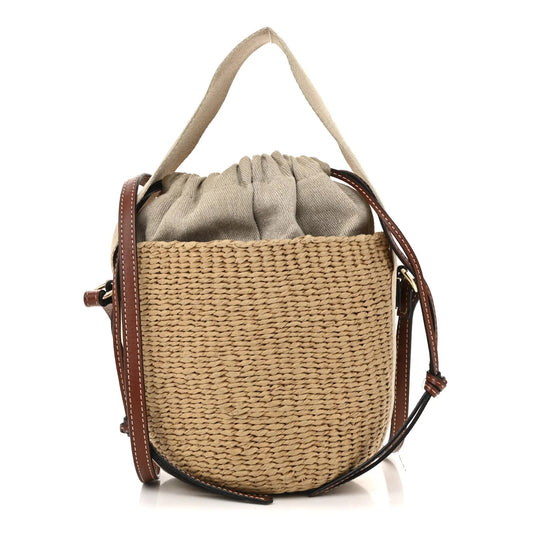 X MIFUKO Raffia Calfskin Small Woody Basket Shoulder Bag Black Beige