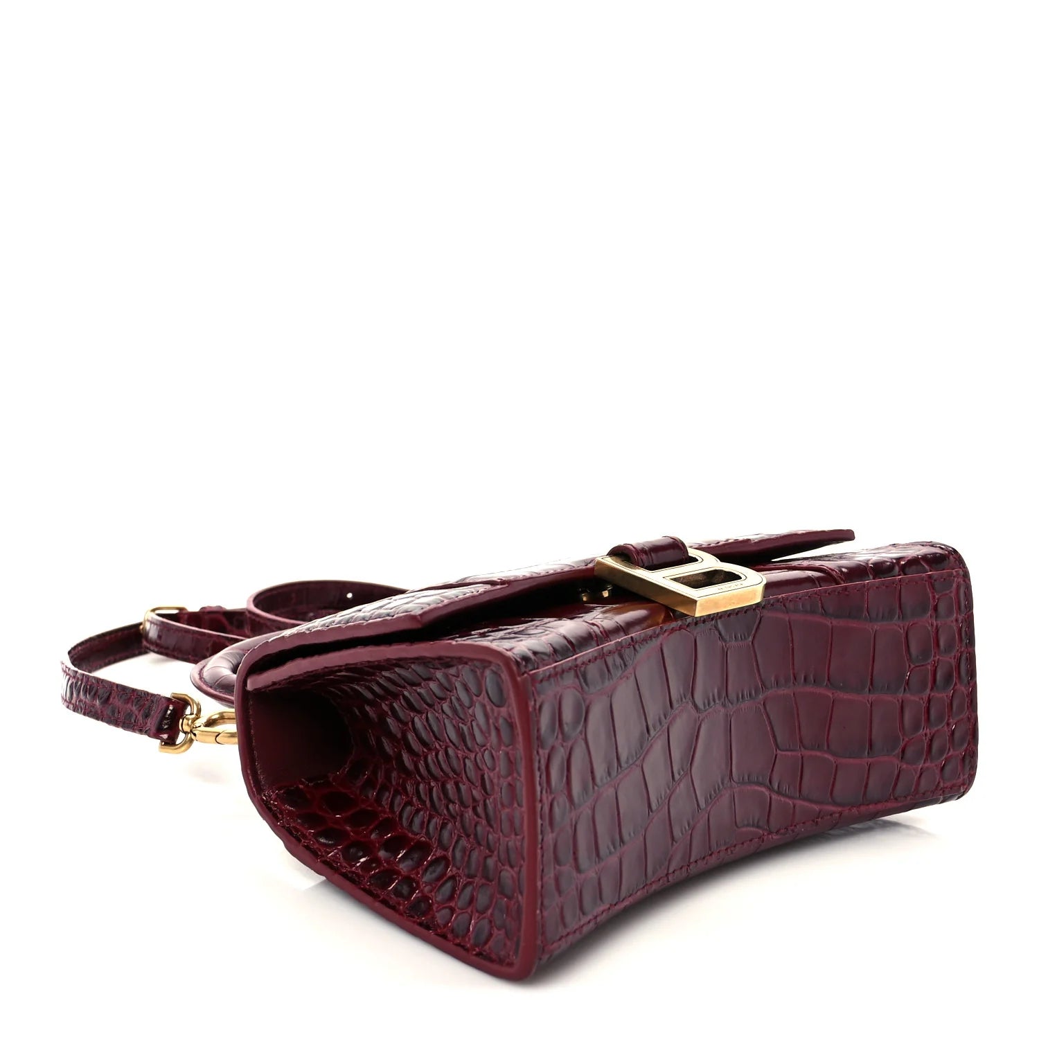 Shiny Calfskin Crocodile Embossed Hourglass Top Handle Bag XS Dark Red