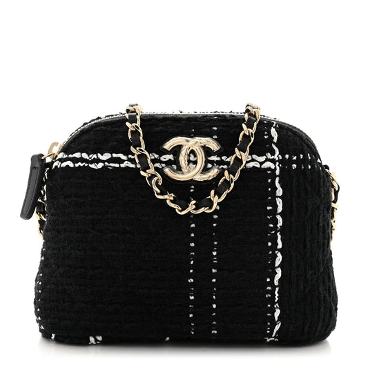Tweed Quilted Mini Clutch with Chain Black White