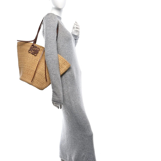 Raffia Calfskin Shell Basket Tote Natural Pecan