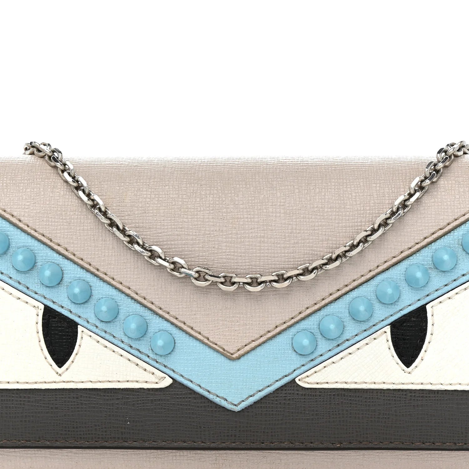 Vitello Elite Monster Eyes Studded Continental Wallet on Chain Carbone White Multicolor