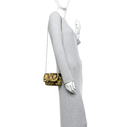 Silk Barocco Printed Quilted Virtus V Mini Chain Flap Shoulder Bag Black Gold