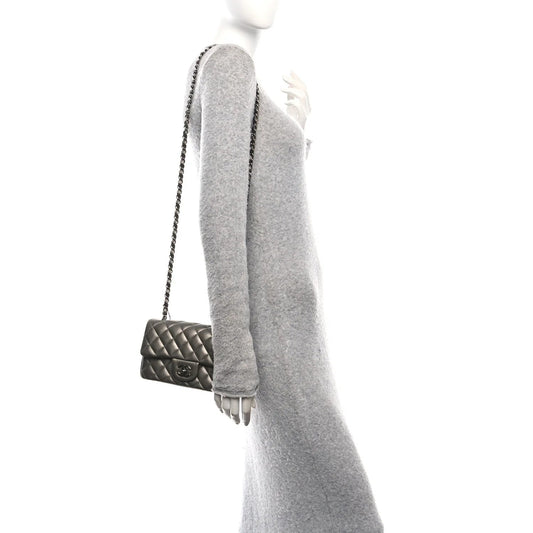 Metallic Lambskin Quilted Mini Rectangular Flap Dark Grey