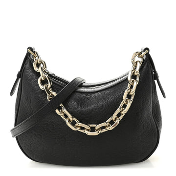 Grainy Calfskin GG Embossed Emblem Small Half Moon Shoulder Bag Black