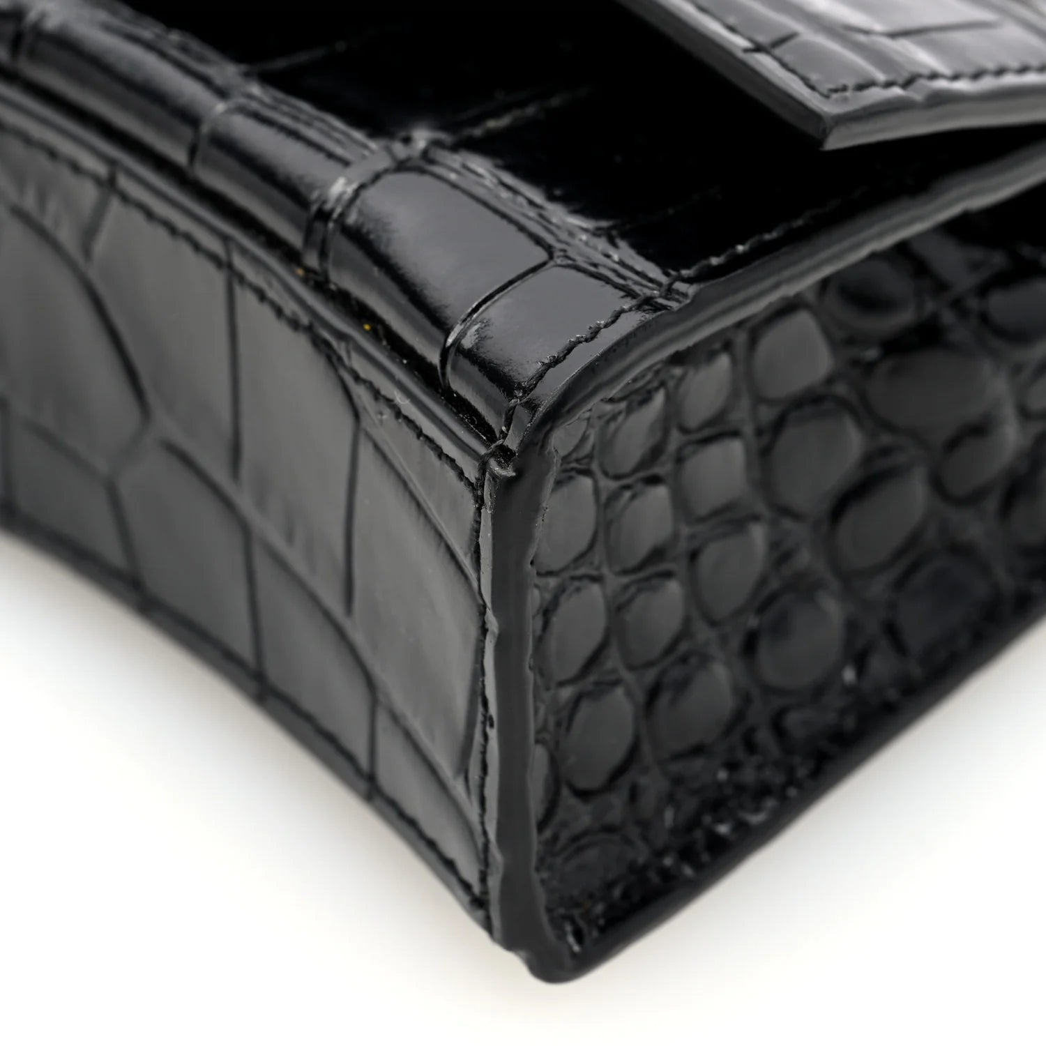 Shiny Calfskin Monochrome Crocodile Embossed Hourglass Top Handle Bag Mini Black