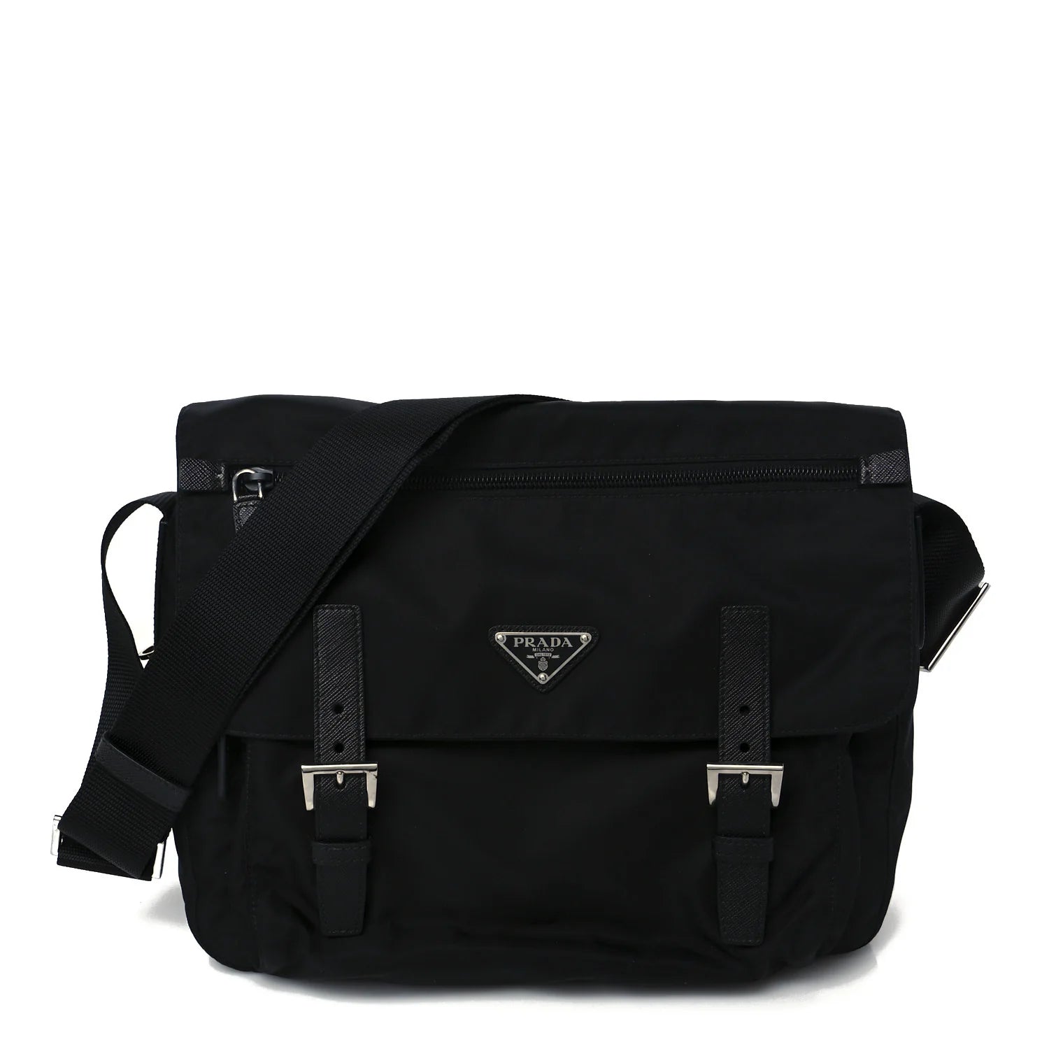 Tessuto Nylon Saffiano Double Buckle Messenger Shoulder Bag Black