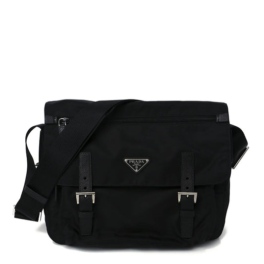 Tessuto Nylon Saffiano Double Buckle Messenger Shoulder Bag Black