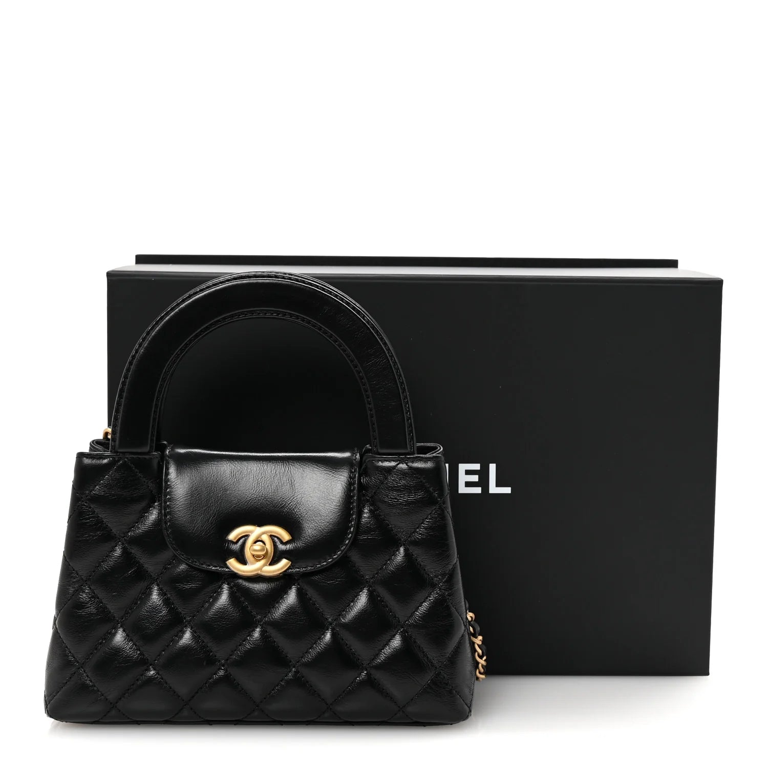Shiny Aged Calfskin Quilted Nano Kelly Shopper Black