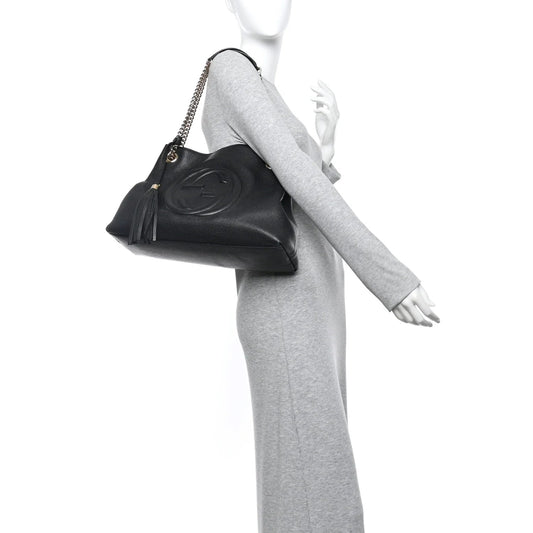 Pebbled Calfskin Medium Soho Chain Shoulder Bag Black