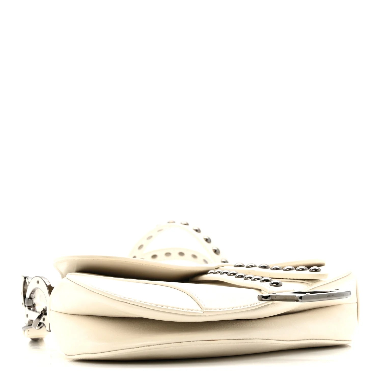 Crinkled Patent Lambskin Studded Saddle Bag with Strap Latte