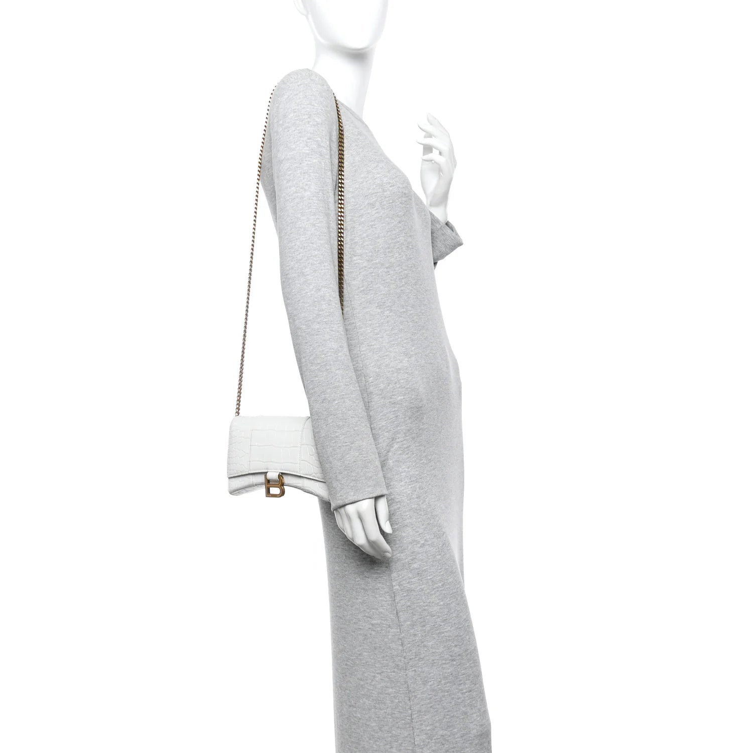 Shiny Calfskin Crocodile Embossed Hourglass Chain Bag White