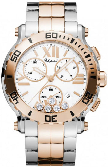 Unworn  Happy Sport Chronograph, Stainless Steel and 18K Rose Gold, 5 Floating Diamonds, 42Mm, Ref# 288499-6002, Box and Papers