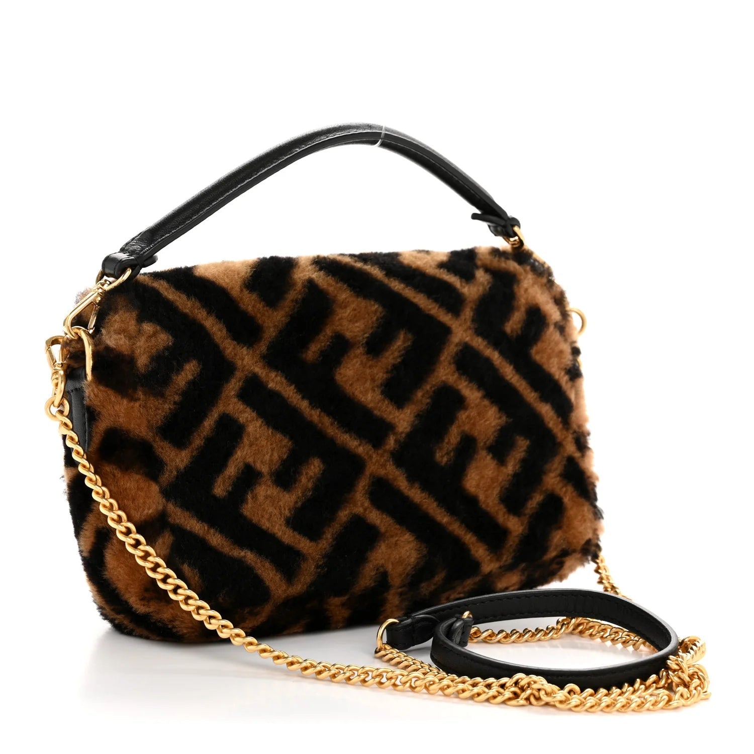 Shearling Vitello Dolce Macro FF 1974 Mini Baguette Tobacco Black