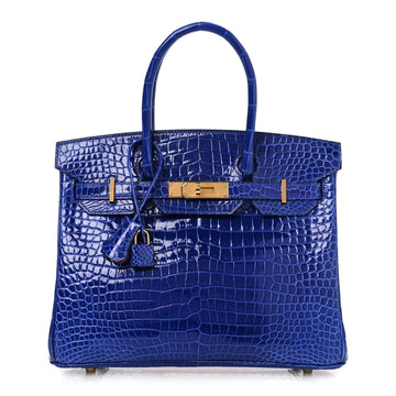 Shiny Porosus Crocodile Horseshoe Birkin 30 Bleu Electrique Magnolia