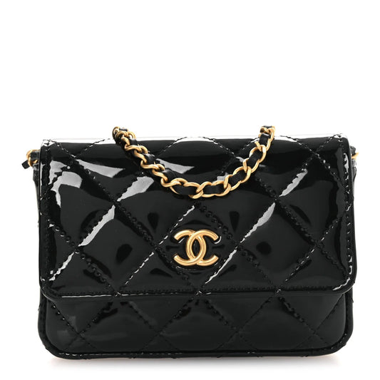 Patent Enamel Quilted Coco Hearts Clutch with Chain Black