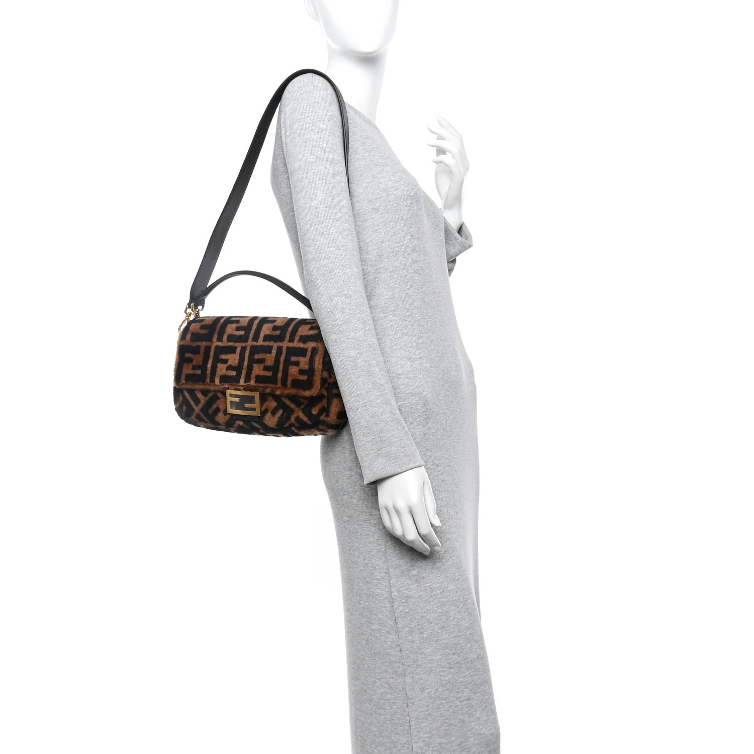 Shearling Vitello Dolce Macro FF 1974 Baguette Tobacco Black