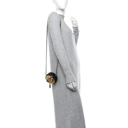 Metallic Lambskin Quilted Camelia Clutch Gold Black