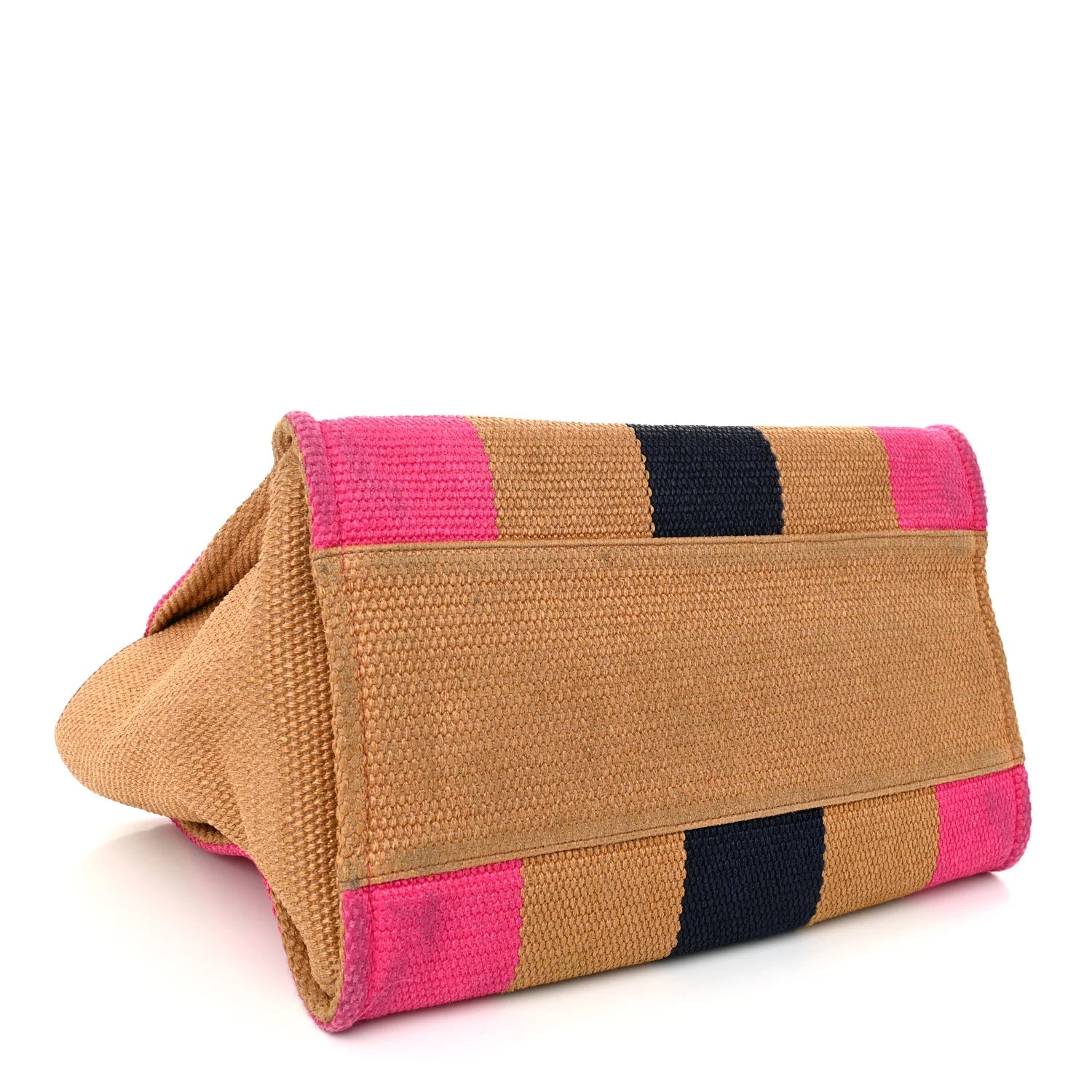 Straw Raffia Calfskin Striped Medium Deauville Tote Dark Beige Fuchsia Navy Blue