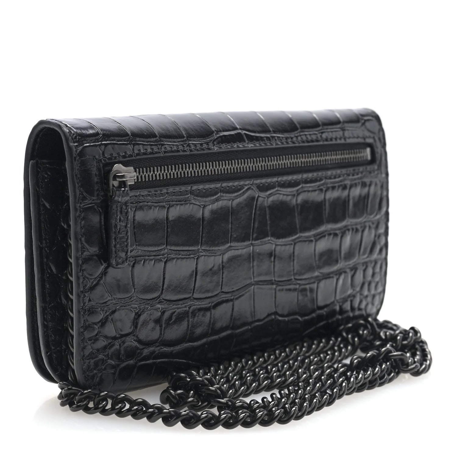 Shiny Calfskin Crocodile Embossed BB Phone Holder Wallet on Chain Black