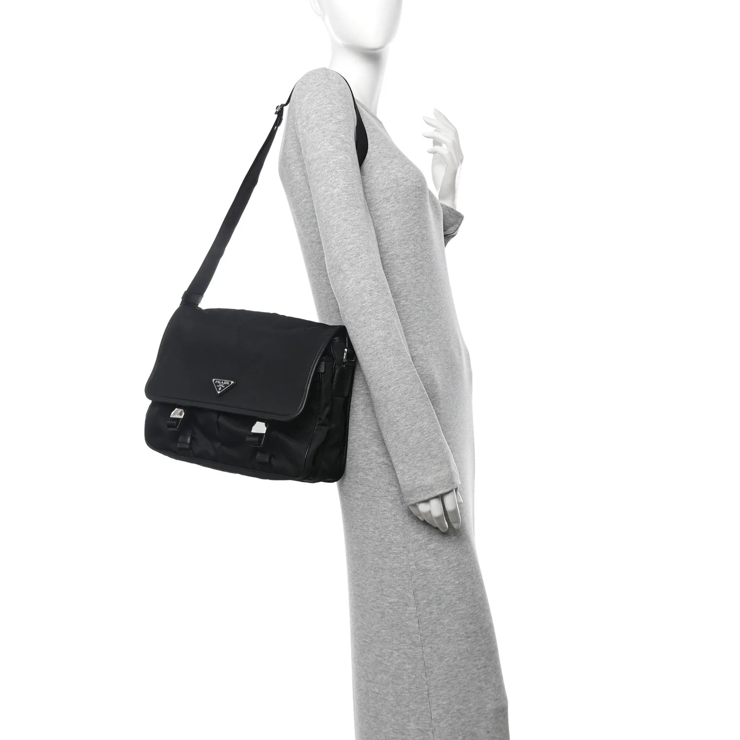 Tessuto Nylon Saffiano Large Double Snap Buckle Messenger Bag Black