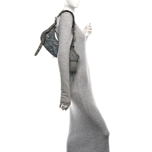 Washed Frayed Denim Crystal Le Cagole Shoulder Bag XS Blue