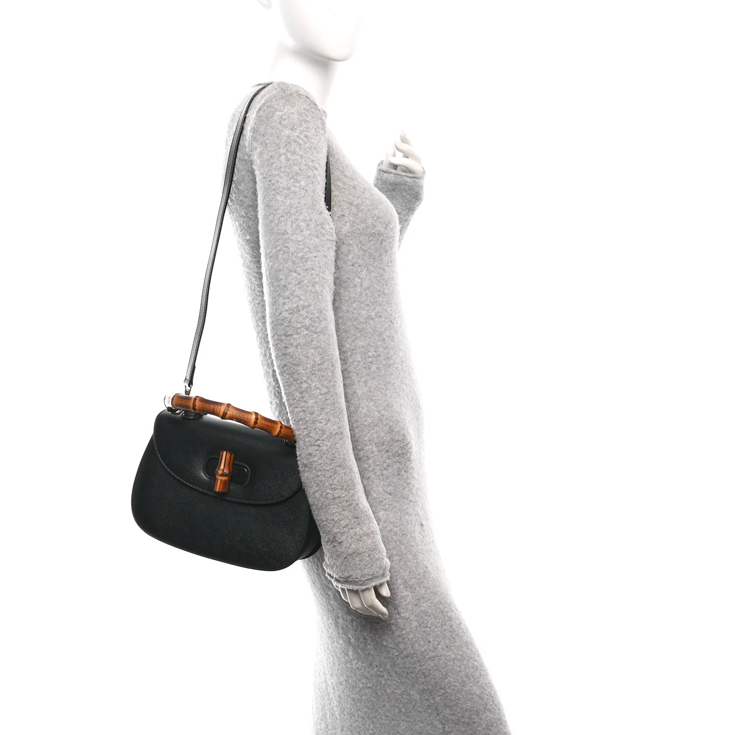 Shangai Calfskin Small Classic Bamboo Top Handle Bag Black