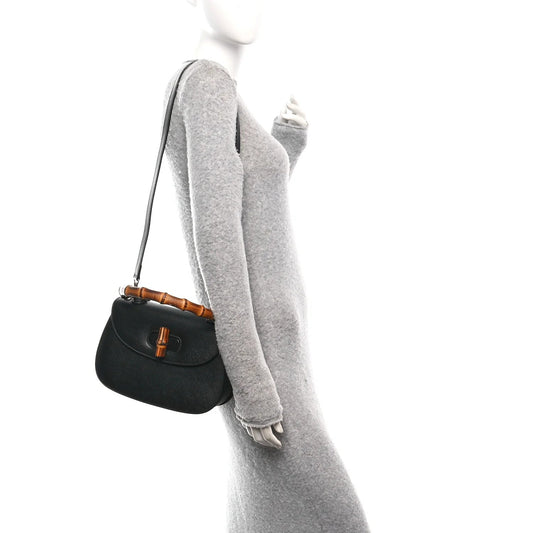 Shangai Calfskin Small Classic Bamboo Top Handle Bag Black