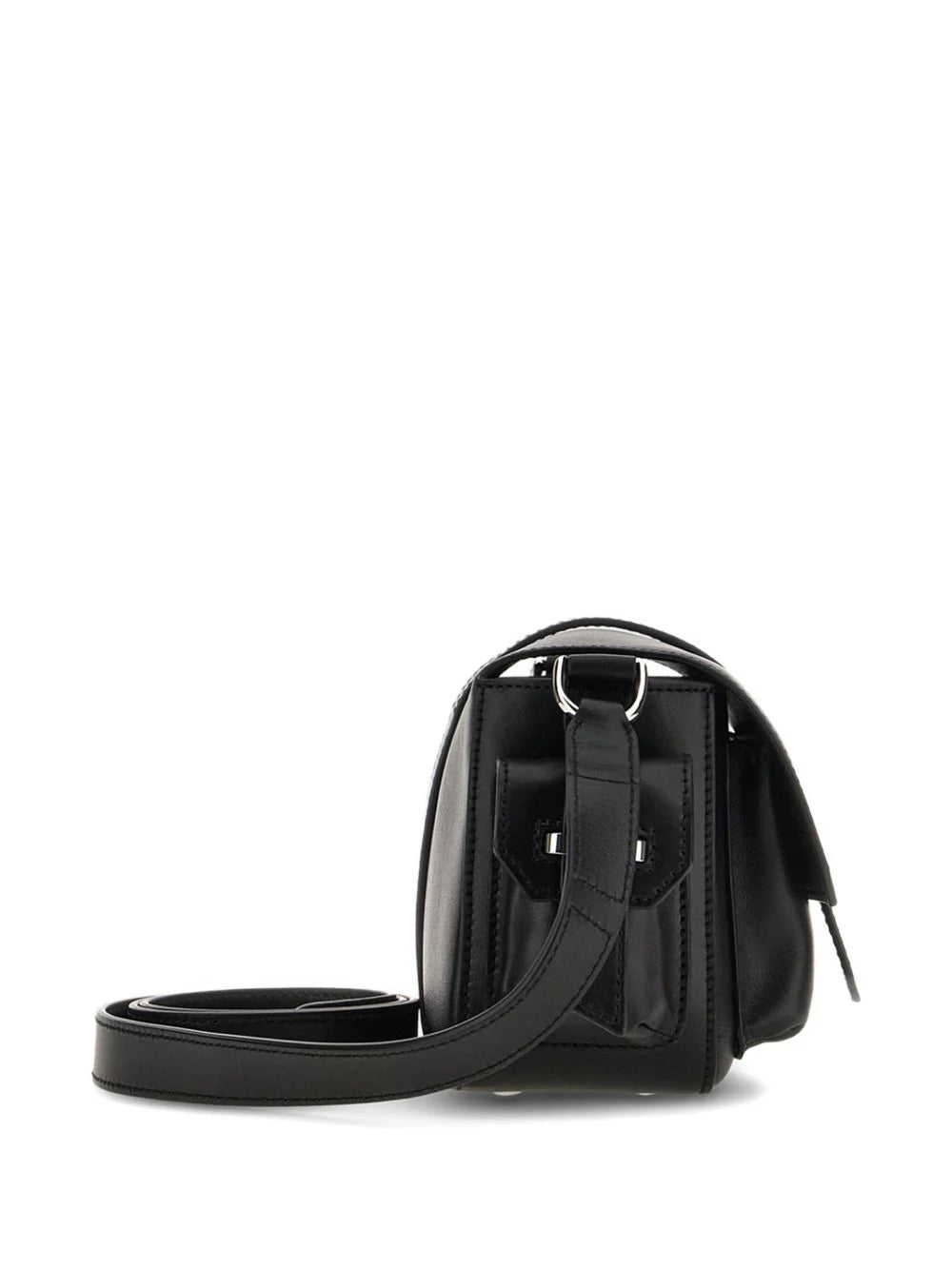 SMALL FLAP BAG in LEATHER, BLACK COLOR, VERSATILE SHOULDER STRAP, SEMI-HIDDEN FRONT POCKET and SIDE POCKETS with FLAPS and STRAPS.