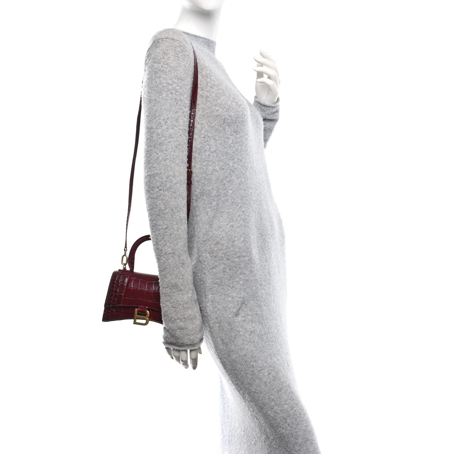 Shiny Calfskin Crocodile Embossed Hourglass Top Handle Bag XS Dark Red