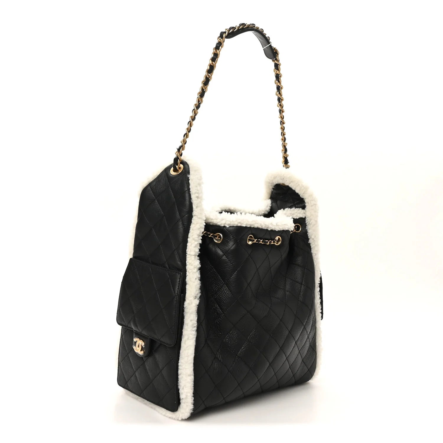 Crumpled Sheepskin Shearling Quilted Medium  25 Handbag Black White