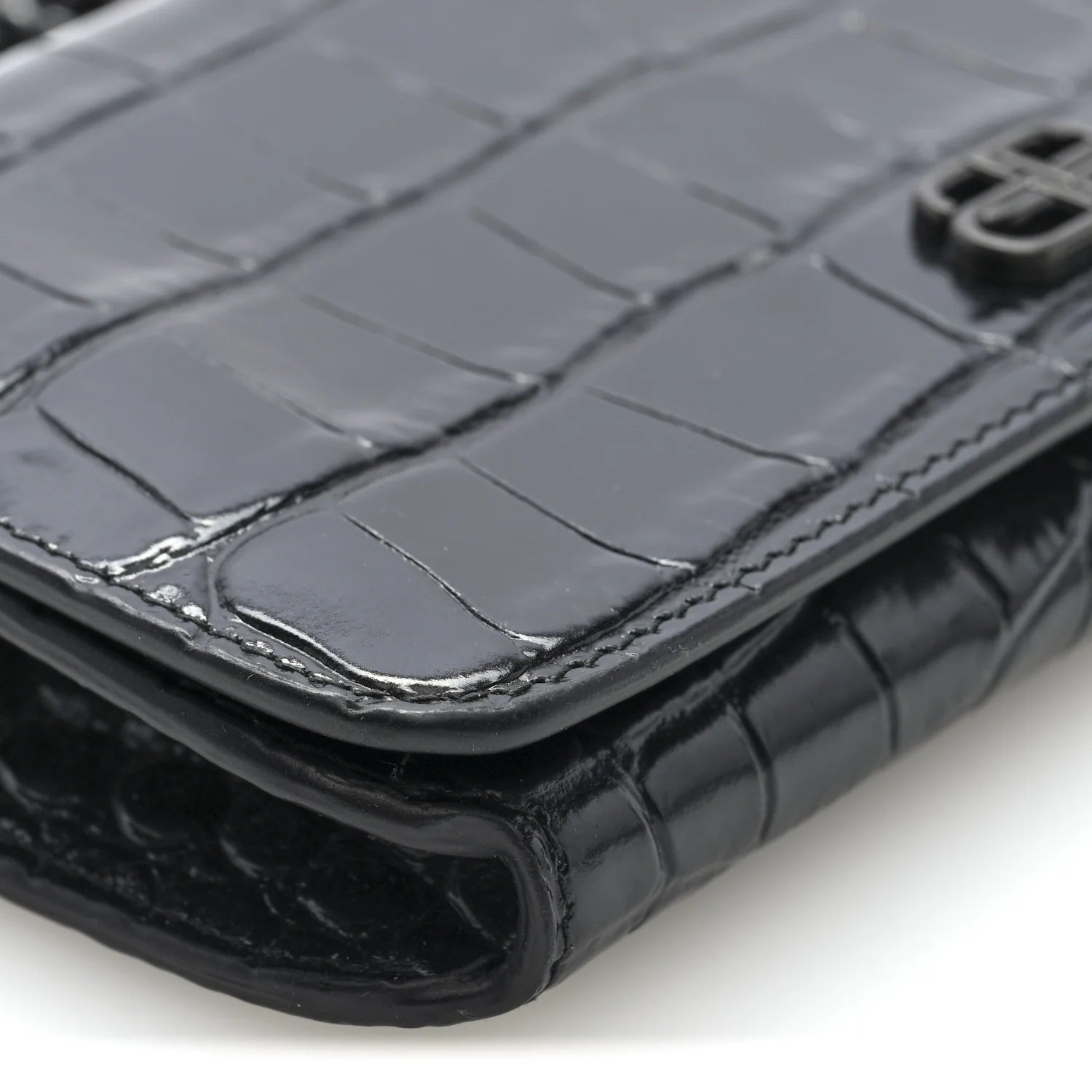 Shiny Calfskin Crocodile Embossed BB Phone Holder Wallet on Chain Black