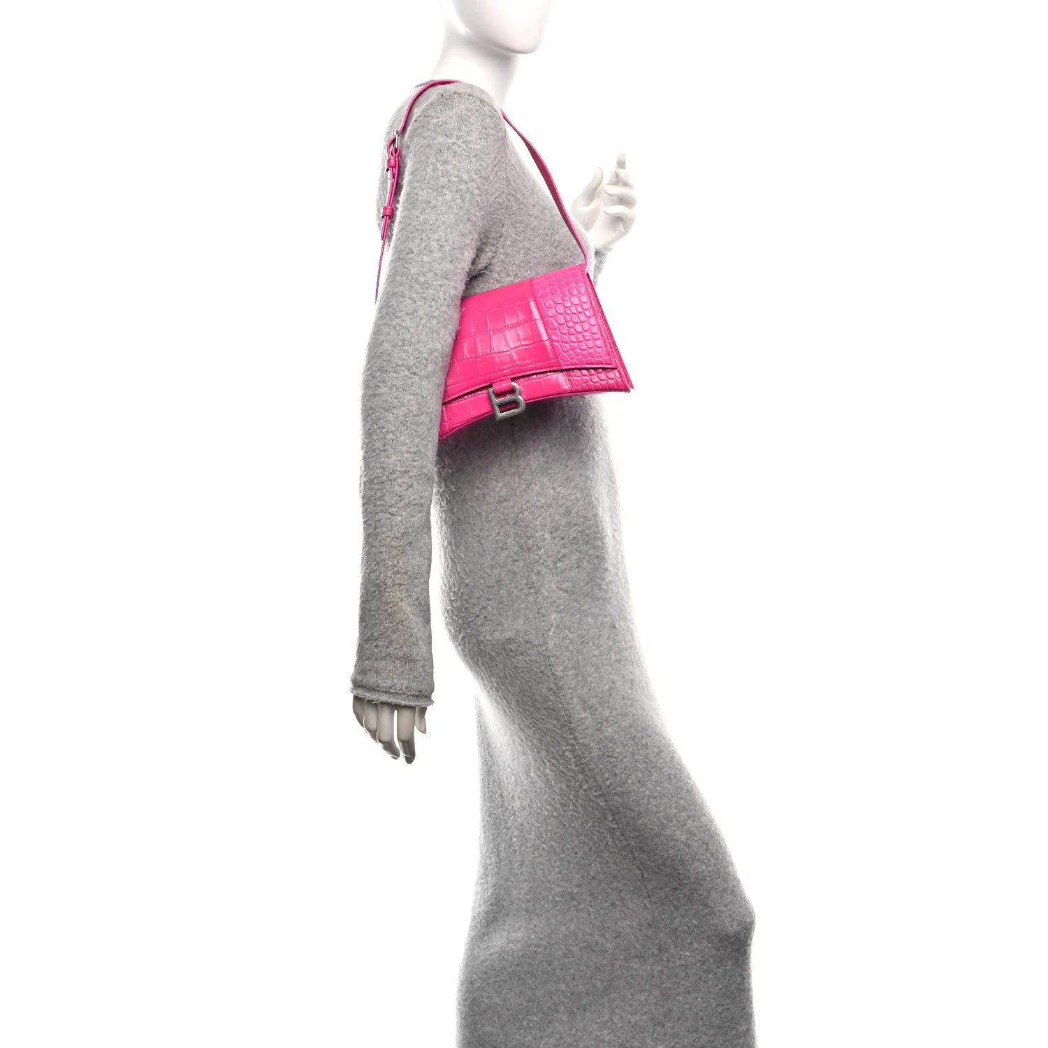 Shiny Calfskin Crocodile Embossed Small Hourglass Sling Shoulder Bag Fuchsia