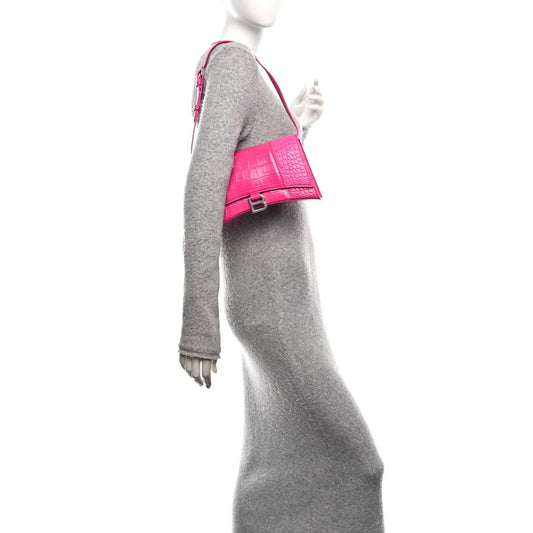 Shiny Calfskin Crocodile Embossed Small Hourglass Sling Shoulder Bag Fuchsia