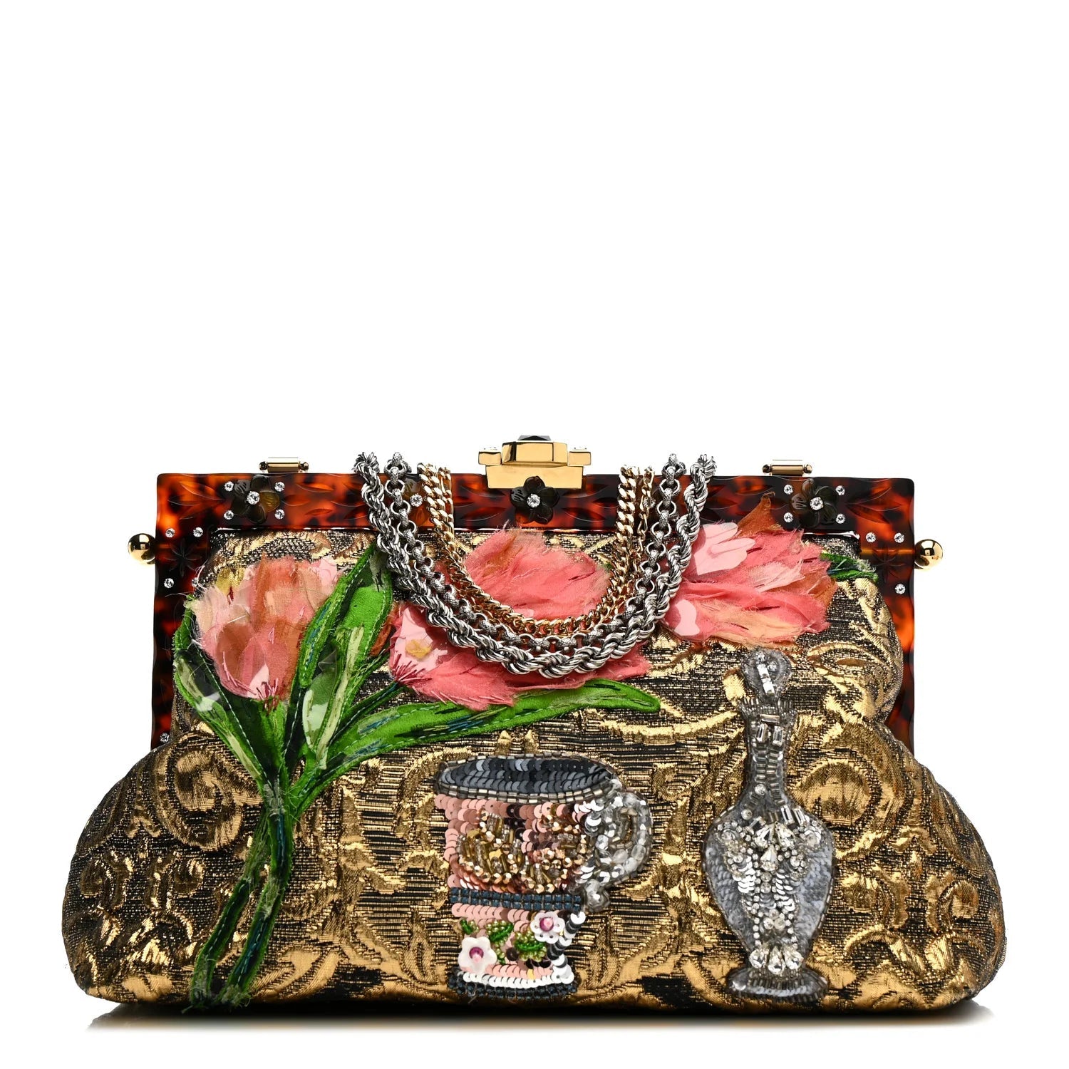 Silk Crystal Beaded Sequin Plexiglass Floral Vanda Circles Chain Clutch Multicolor