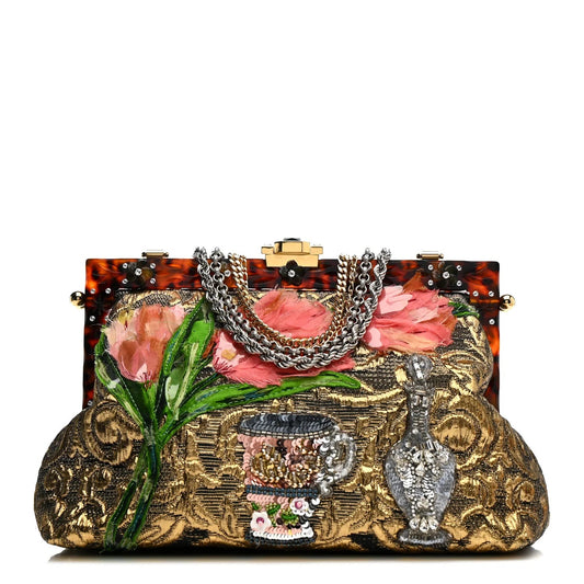 Silk Crystal Beaded Sequin Plexiglass Floral Vanda Circles Chain Clutch Multicolor