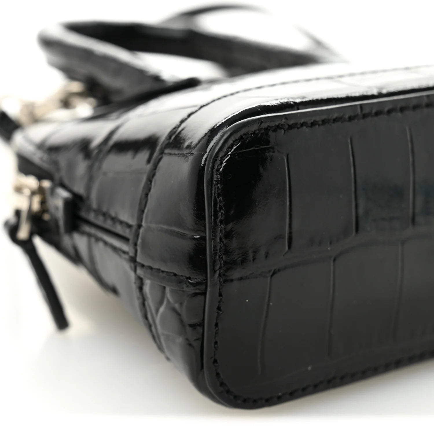Shiny Calfskin Logo Crocodile Embossed Mini Ville Top Handle Bag Black