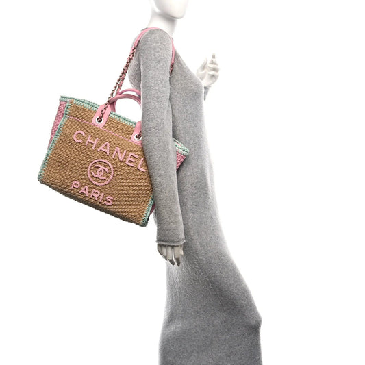 Raffia Crochet Medium Deauville Tote Beige Light Pink Green