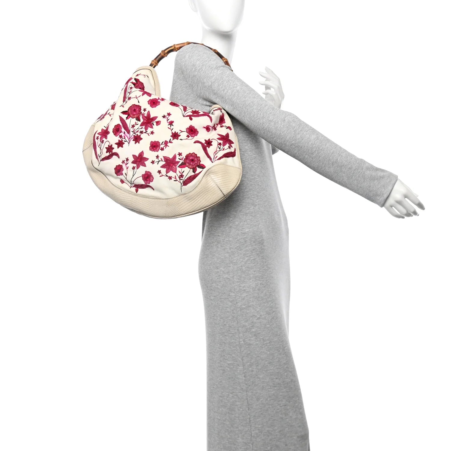 Lizard Canvas Embroidered Peggy Bamboo Top Handle Hobo White Pink