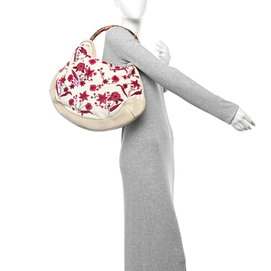 Lizard Canvas Embroidered Peggy Bamboo Top Handle Hobo White Pink