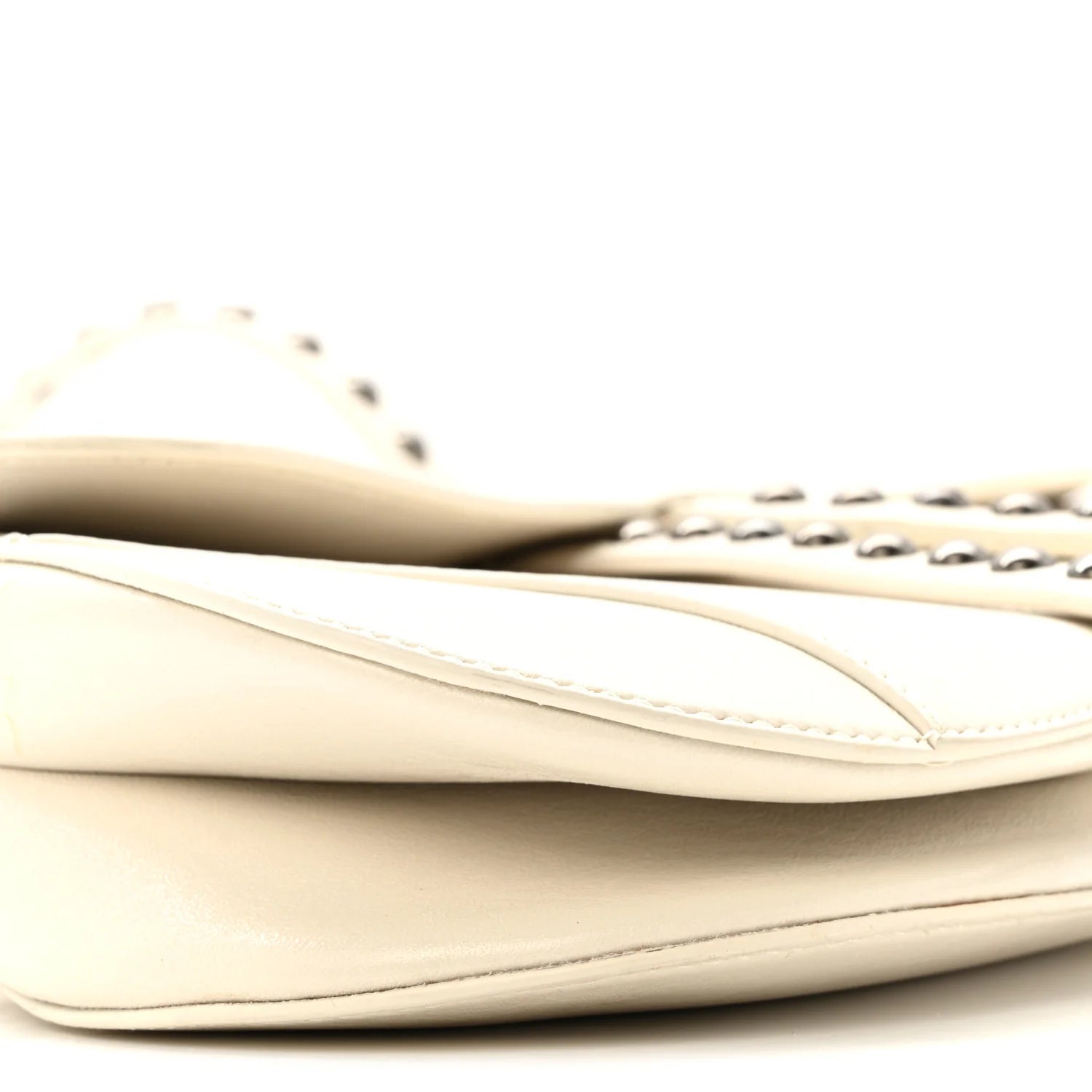 Crinkled Patent Lambskin Studded Saddle Bag with Strap Latte