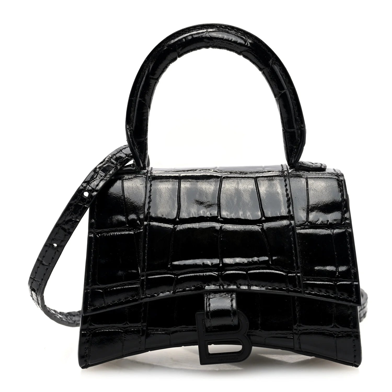 Shiny Calfskin Monochrome Crocodile Embossed Hourglass Top Handle Bag Mini Black