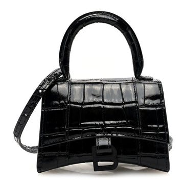 Shiny Calfskin Monochrome Crocodile Embossed Hourglass Top Handle Bag Mini Black
