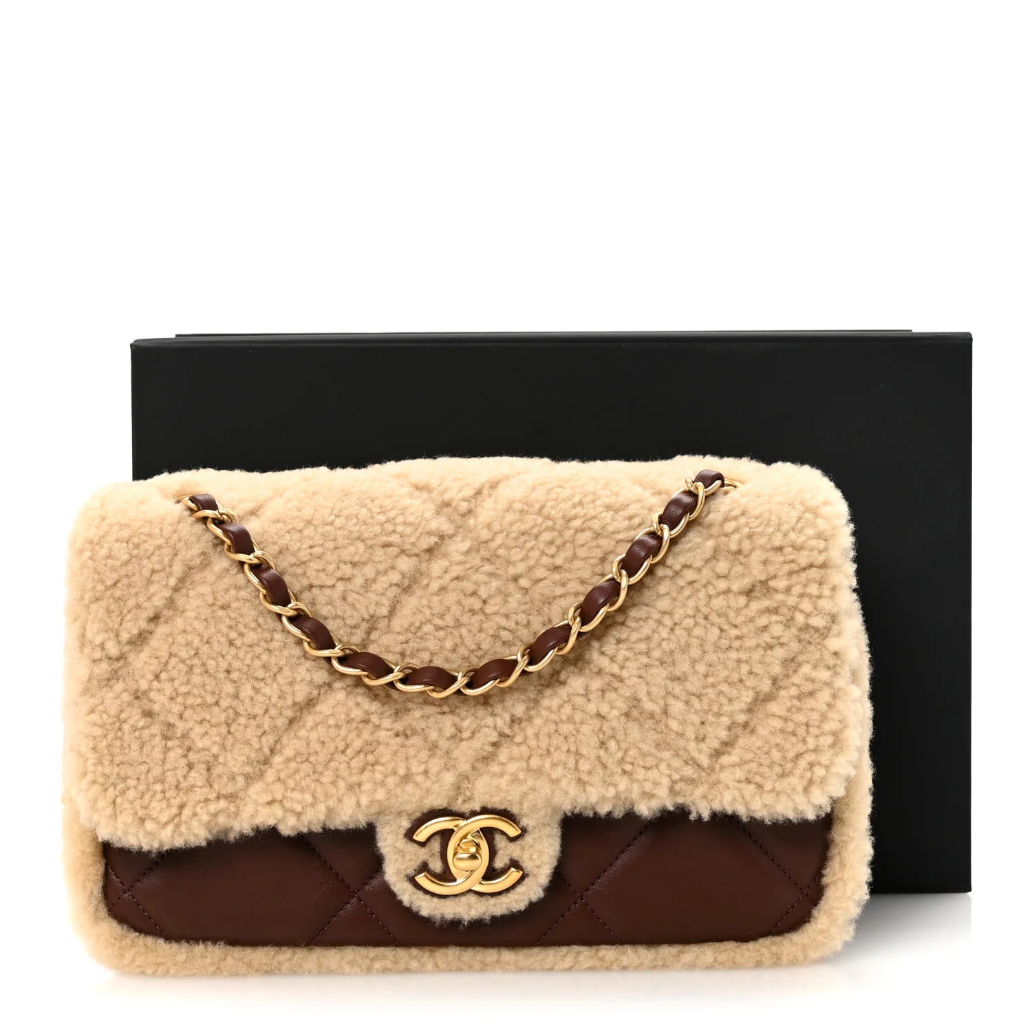 Shearling Lambskin Quilted Furry Coco Flap Dark Brown Beige