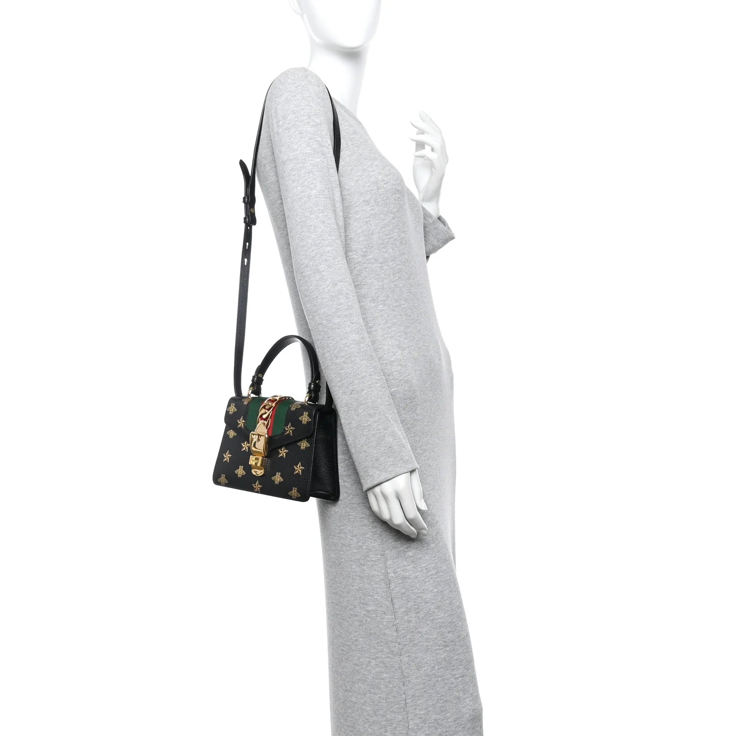 Textured Calfskin Bee Star Print Mini Sylvie Top Handle Bag Black