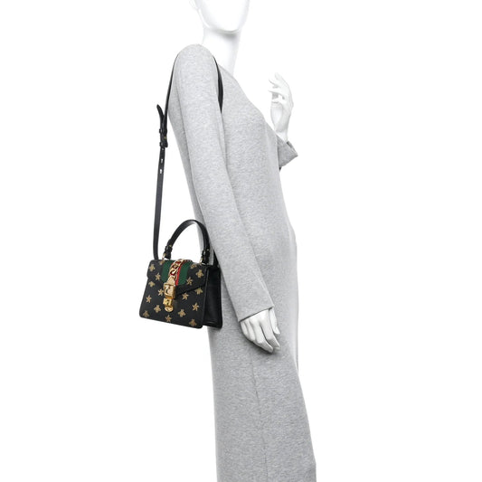 Textured Calfskin Bee Star Print Mini Sylvie Top Handle Bag Black