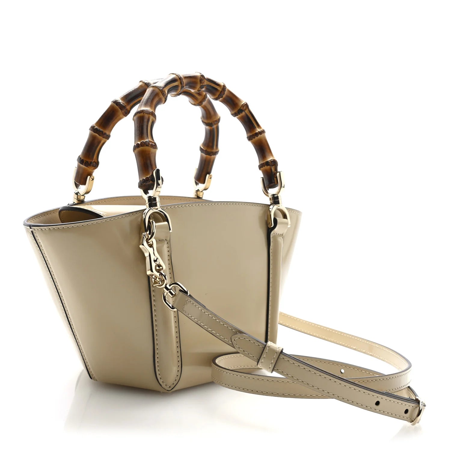 Shiny Calfskin Mini Bamboo Top Handle Tote Bag Beige