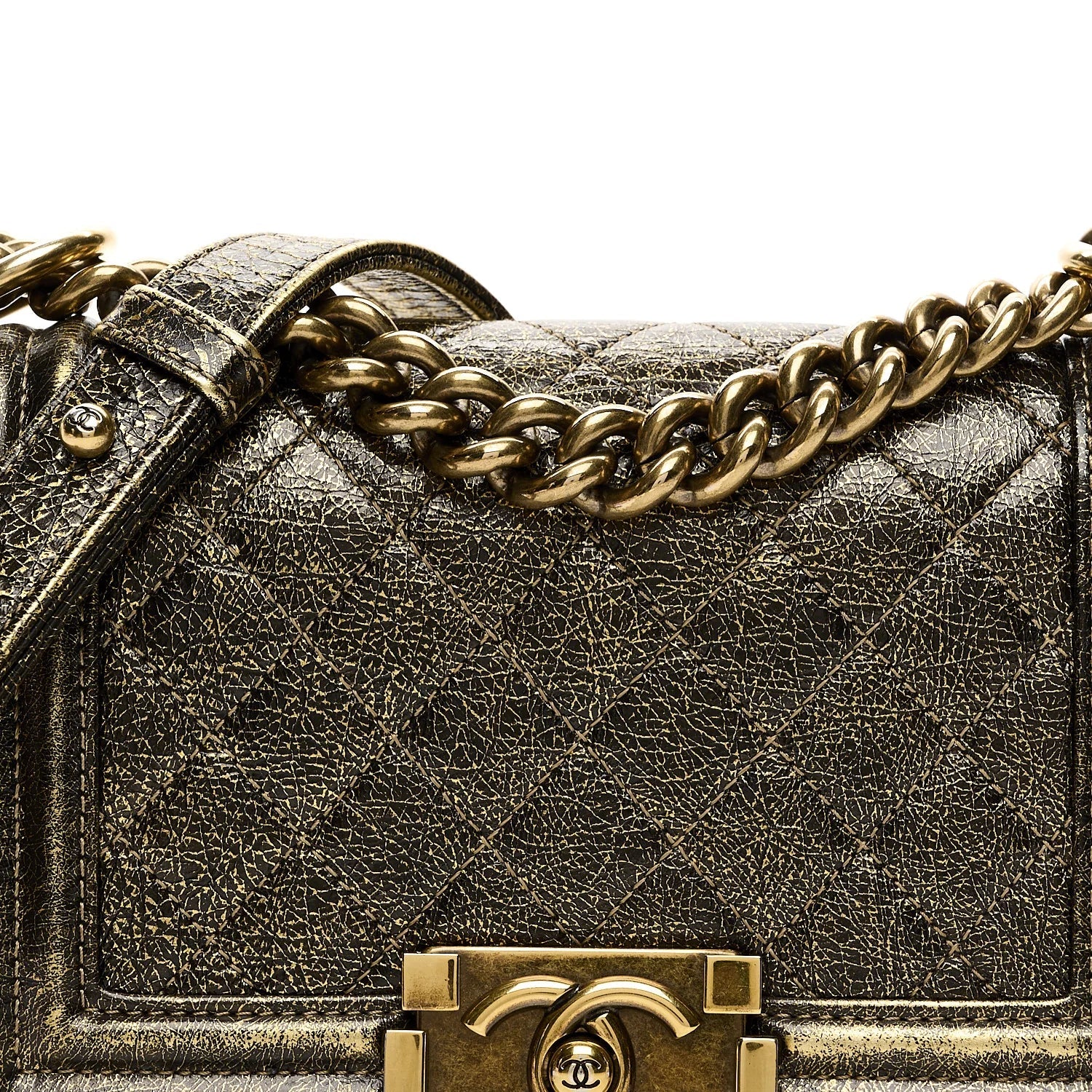 Cracked Metallic Calfskin Quilted Small Boy Flap Gold