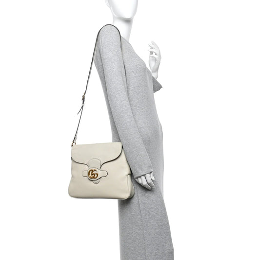 New Sakai Calfskin Lux Medium Dahlia Messenger Shoulder Bag Mystic White