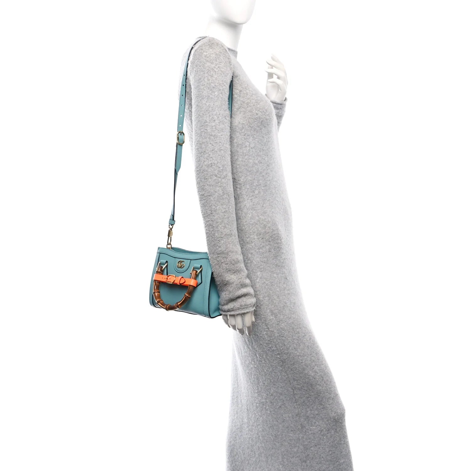 Textured Dollar Calfskin Web Mini Diana Tote Bag Dusty Azure Deep Orange