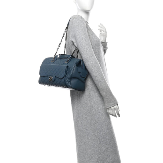 Grained Calfskin Quilted Large Casual Pocket Bowling Bag Blue